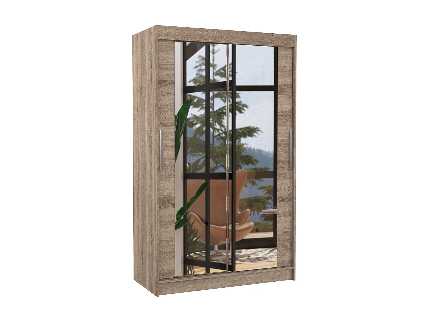 Petite armoire moderne de chambre à coucher bois truffe avec 2 portes coulissantes miroir Ibizo 120cm