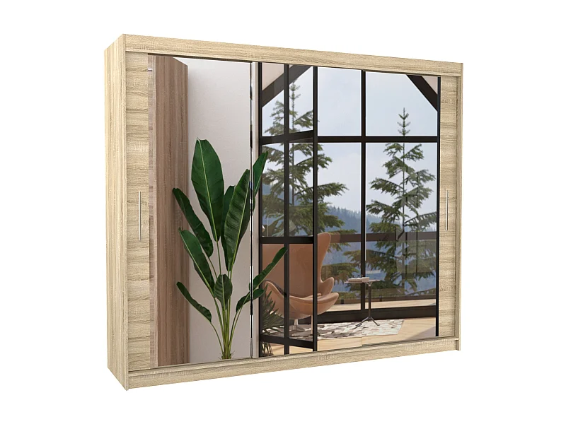 Grote moderne slaapkamerkast met 3 schuifdeuren in licht hout en Douko spiegel 250 cm