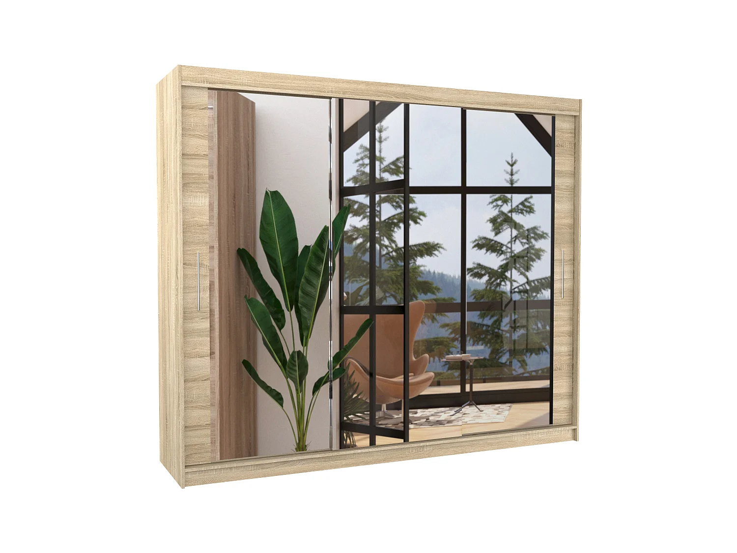 Grande armoire de chambre moderne 3 portes coulissantes bois clair et miroir Douko 250cm
