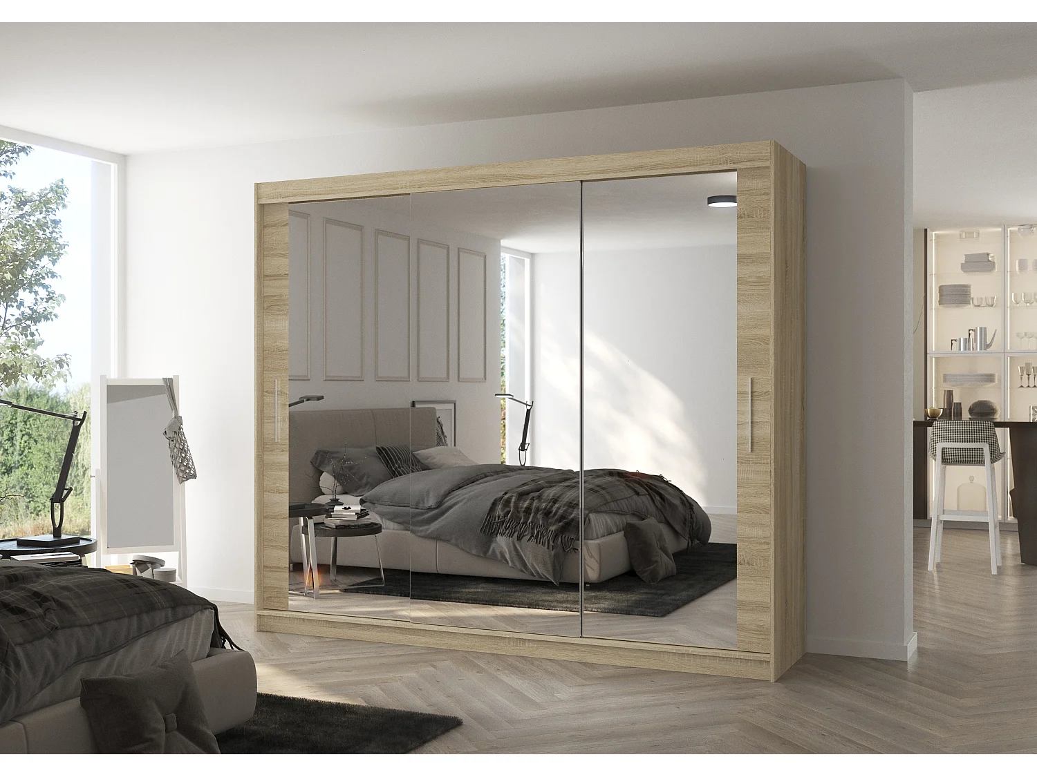 Grande armoire de chambre moderne 3 portes coulissantes bois clair et miroir Douko 250cm