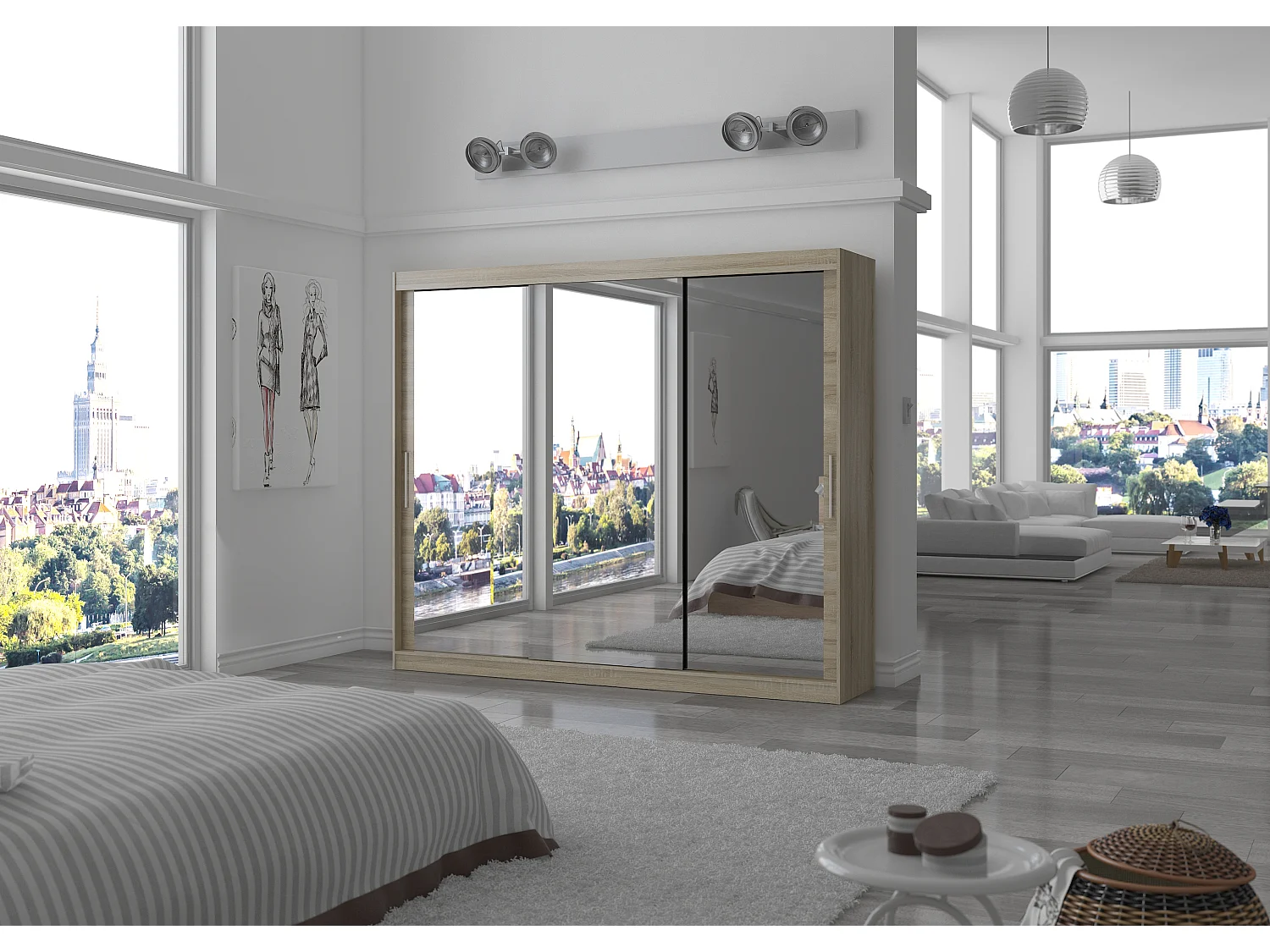 Grande armoire de chambre moderne 3 portes coulissantes bois clair et miroir Douko 250cm