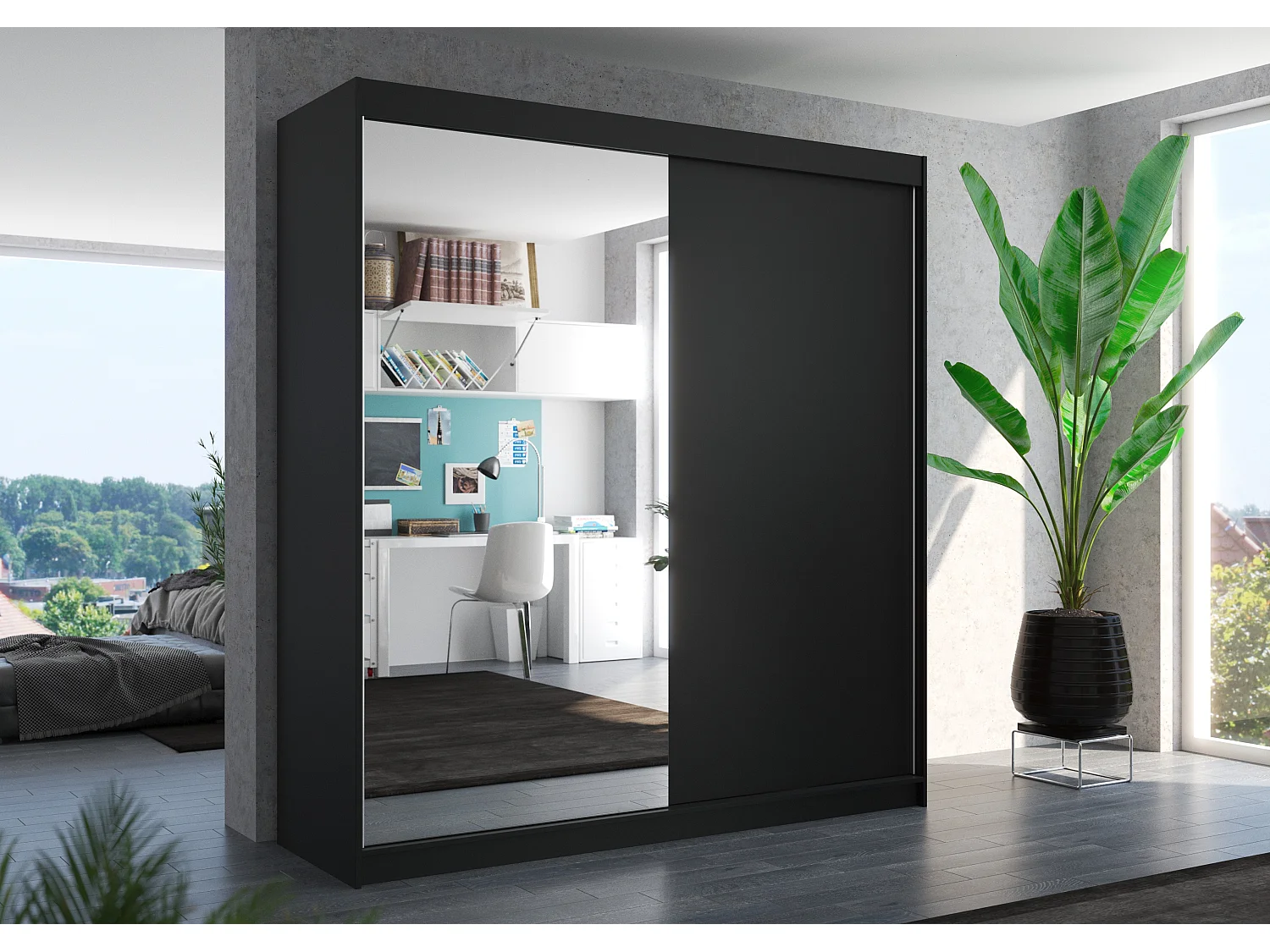 Armoire moderne chambre adulte 2 portes coulissantes 1 noir 1 miroir Davia 200cm