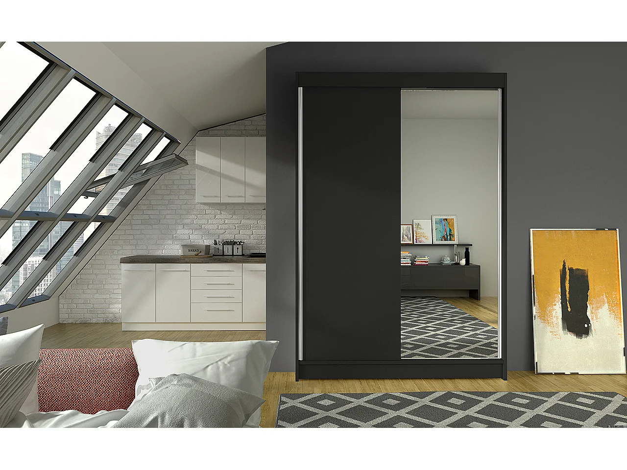 Petite armoire de chambre 2 portes coulissantes 1 bois noir 1 miroir Roxane 120cm