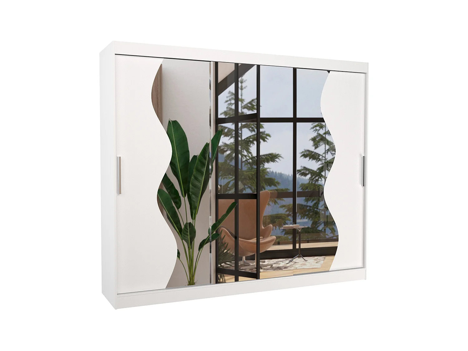 Grande armoire de chambre à coucher 3 portes coulissantes blanches et miroir biseauté Kola 250cm