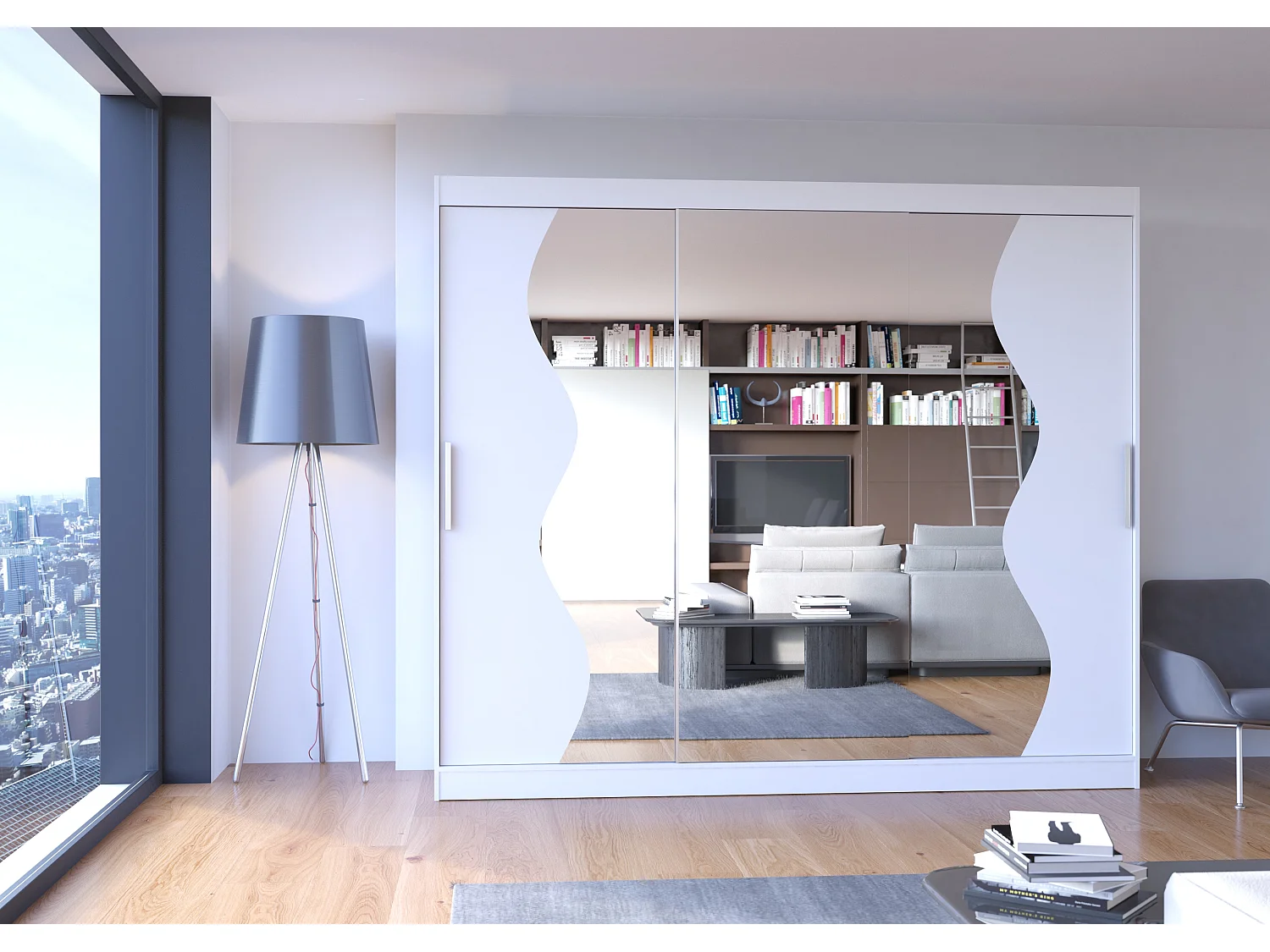 Grande armoire de chambre à coucher 3 portes coulissantes blanches et miroir biseauté Kola 250cm