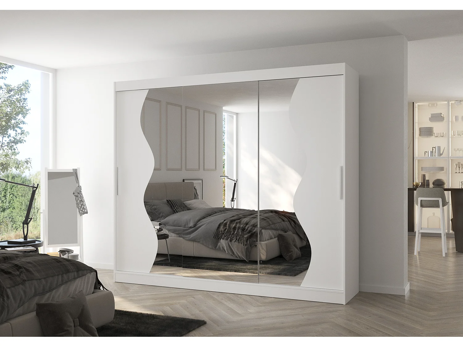 Grande armoire de chambre à coucher 3 portes coulissantes blanches et miroir biseauté Kola 250cm