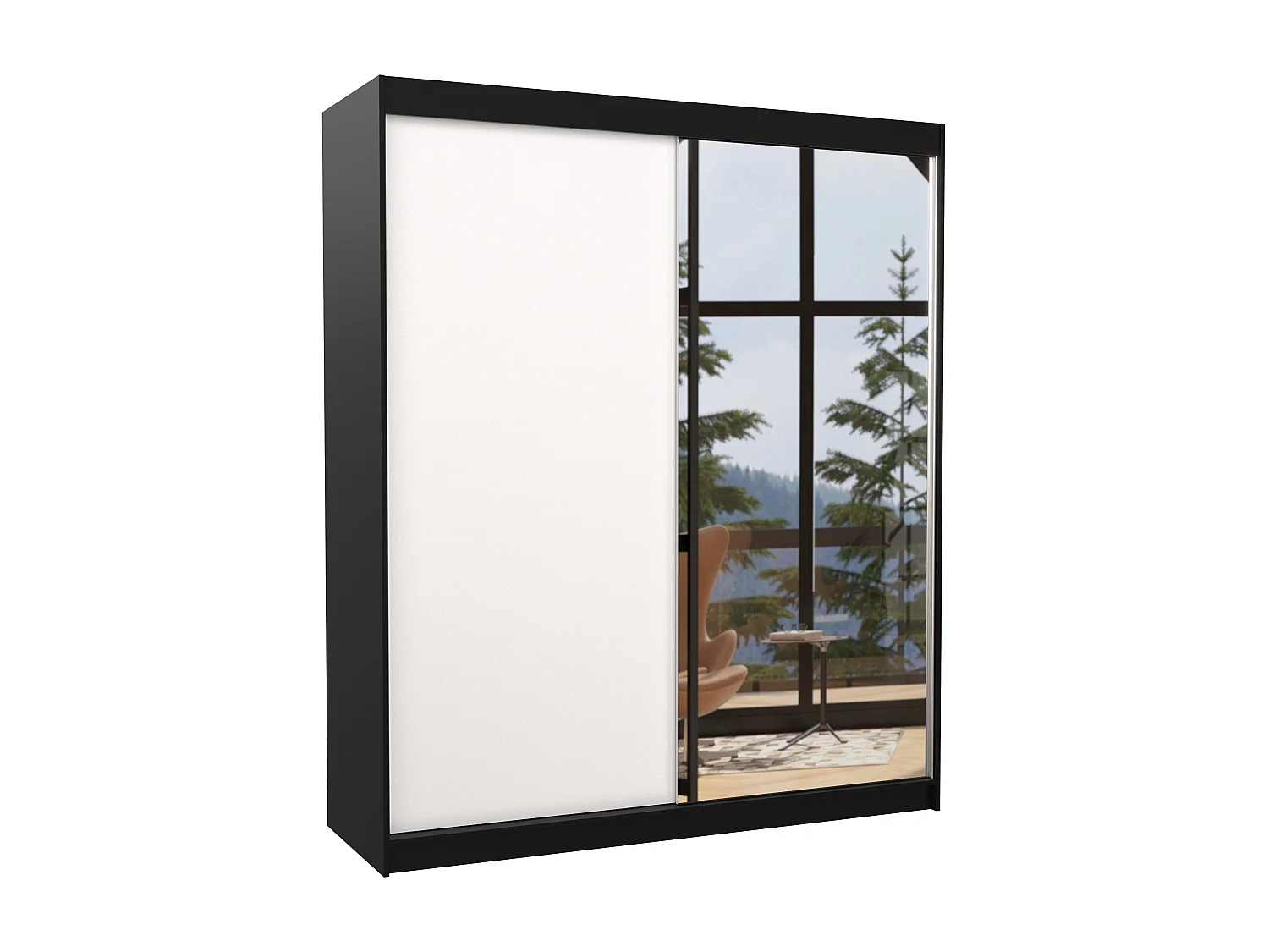 Armoire de chambre à coucher noir 2 portes coulissantes 1 blanche et 1 miroir Masso 180cm