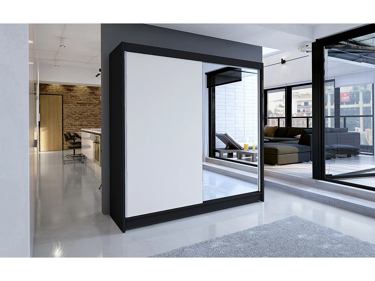 Armoire de chambre à coucher noir 2 portes coulissantes 1 blanche et 1 miroir Masso 180cm