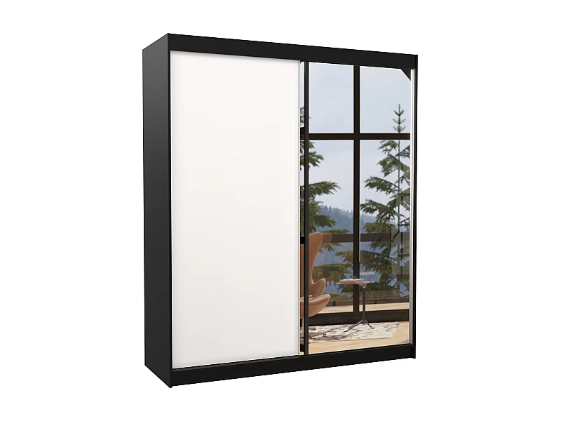 Armoire de chambre à coucher noir 2 portes coulissantes 1 blanche et 1 miroir Masso 180cm