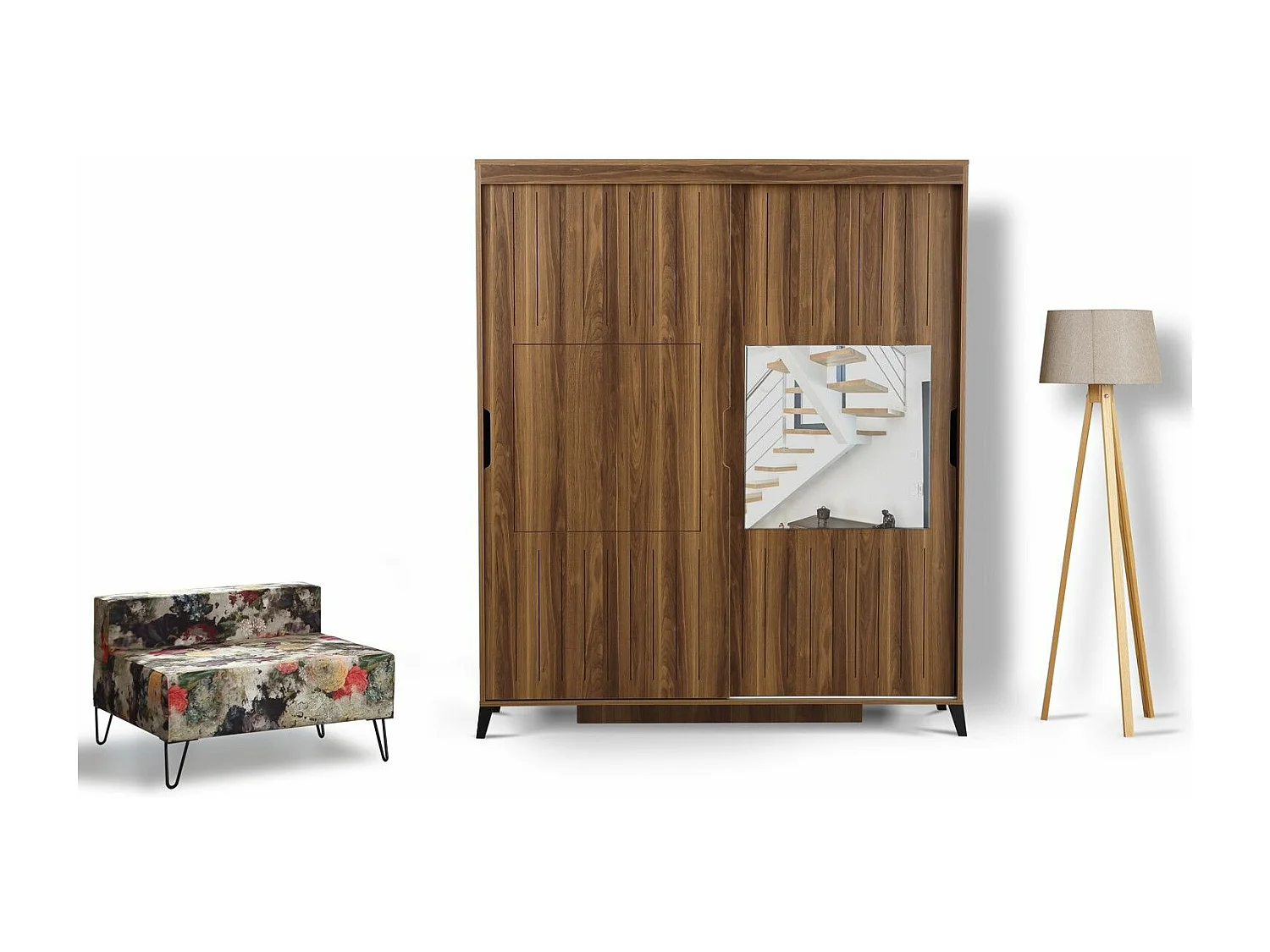 Armoire 2 portes coulissantes avec miroir Olgin L150xH216cm Bois foncé