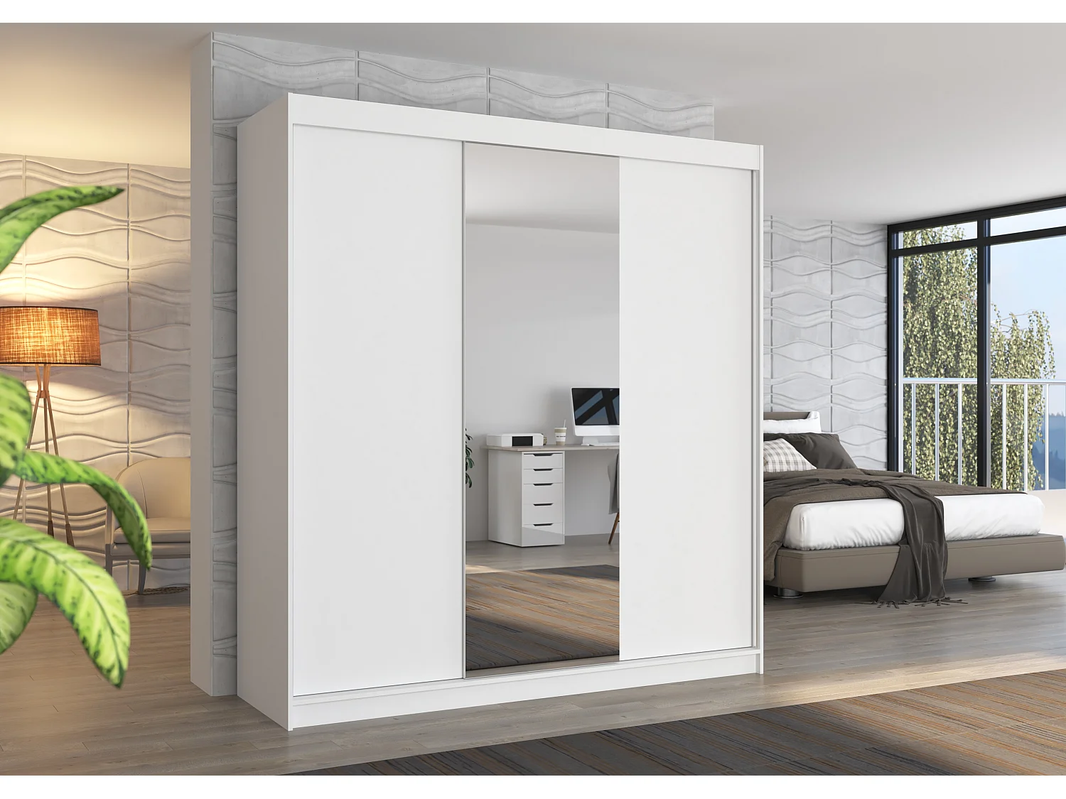 Armoire chambre adulte 2 portes coulissantes bois et miroir ZAFA 200cm-Blanc