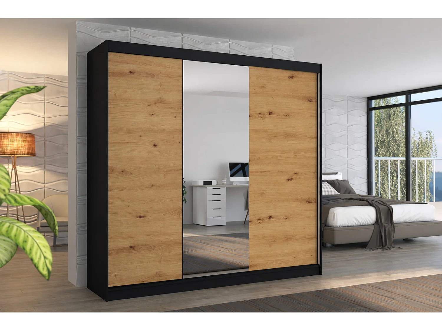 Armoire chambre adulte 2 portes coulissantes bois et miroir ZAFA 200cm-Blanc