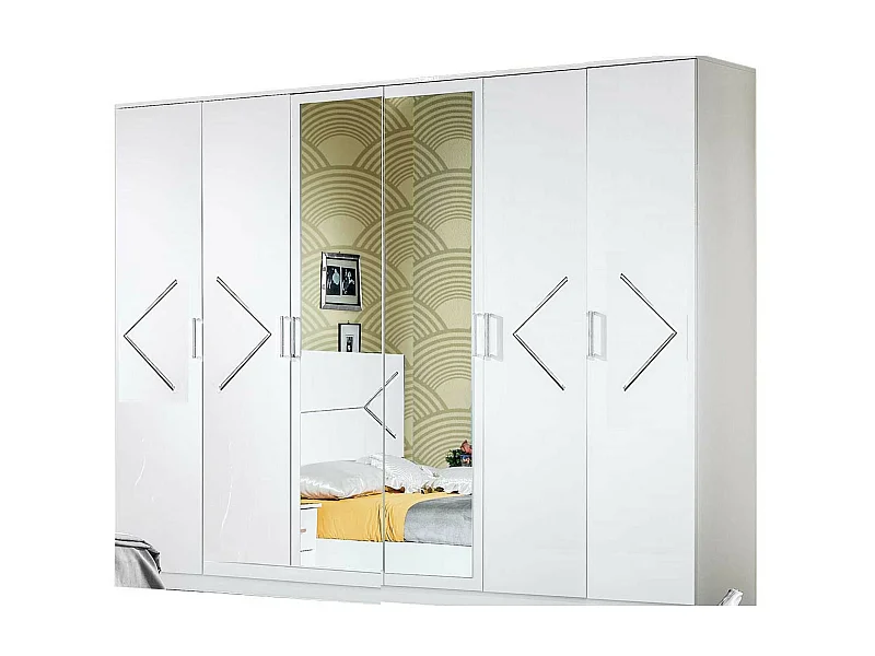 Grande armoire de chambre design 6 portes battantes bois blanc laqué et métal argenté Diamanto 270cm