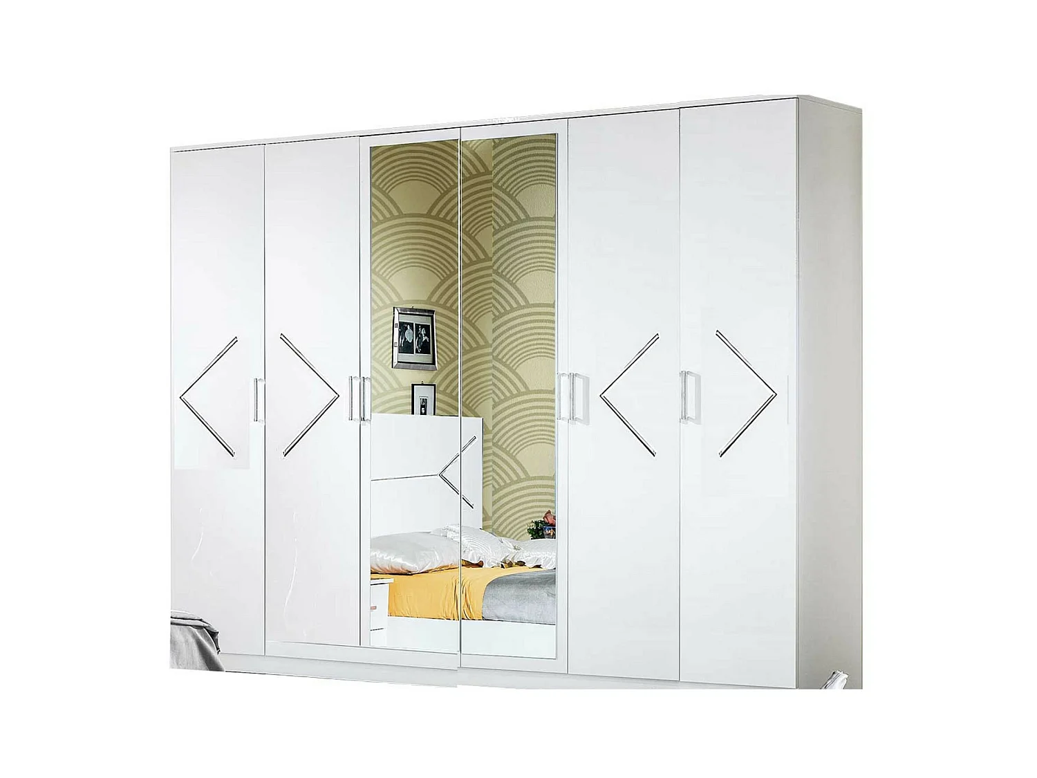 Grande armoire de chambre design 6 portes battantes bois blanc laqué et métal argenté Diamanto 270cm