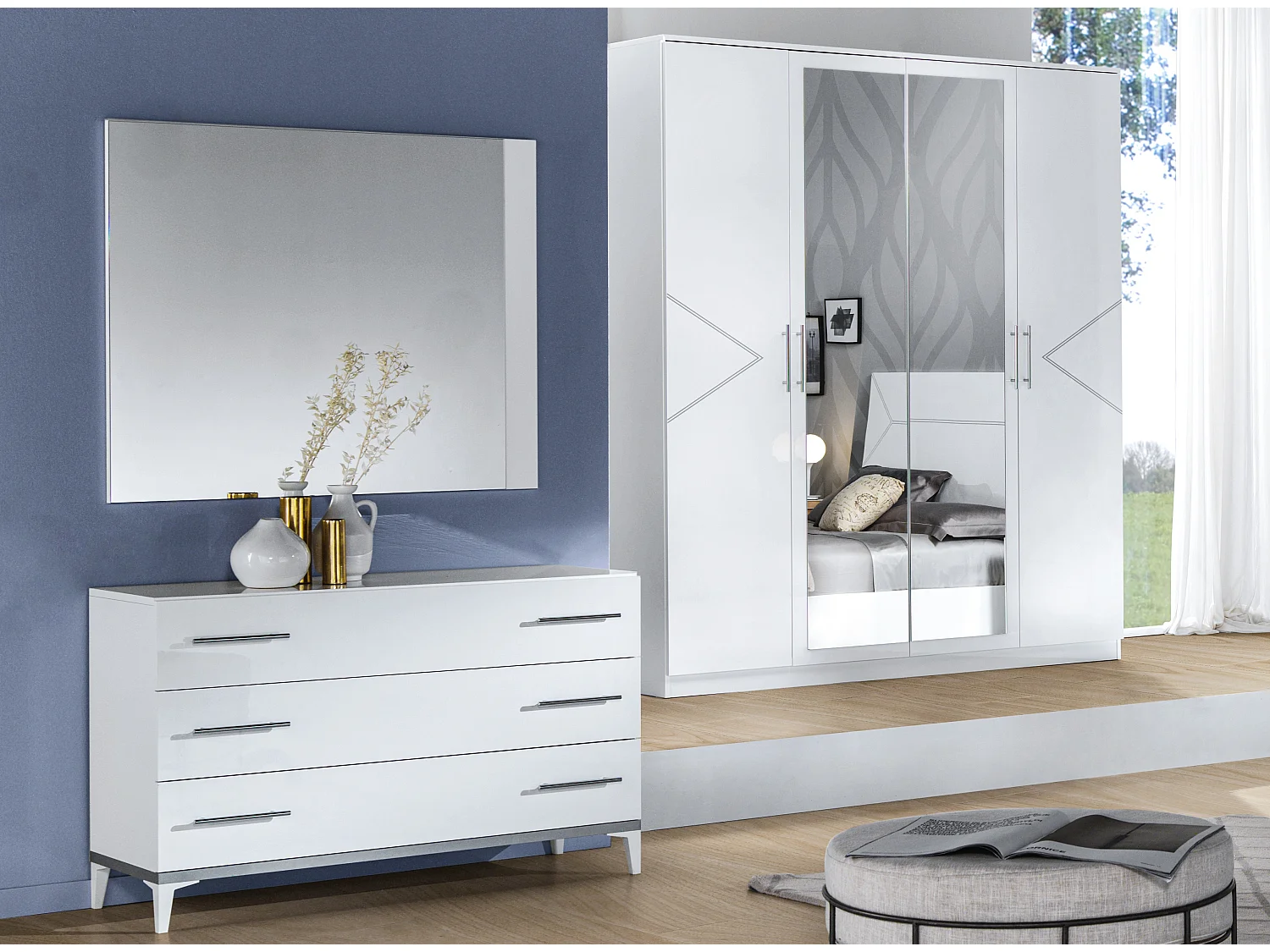 Armoire de chambre design 4 portes battantes bois blanc laqué et métal argenté Diamanto 182cm