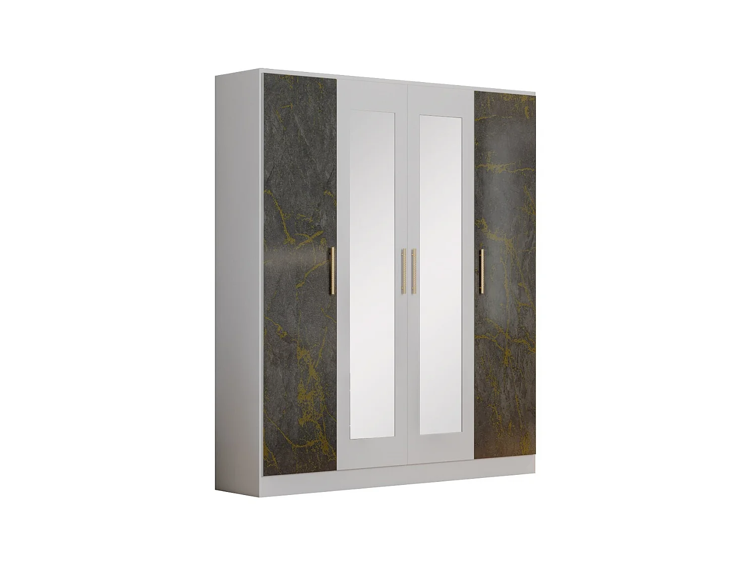 Armoire de chambre 4 portes battantes bois blanc et bois gris brillant marbré doré Dova 162cm