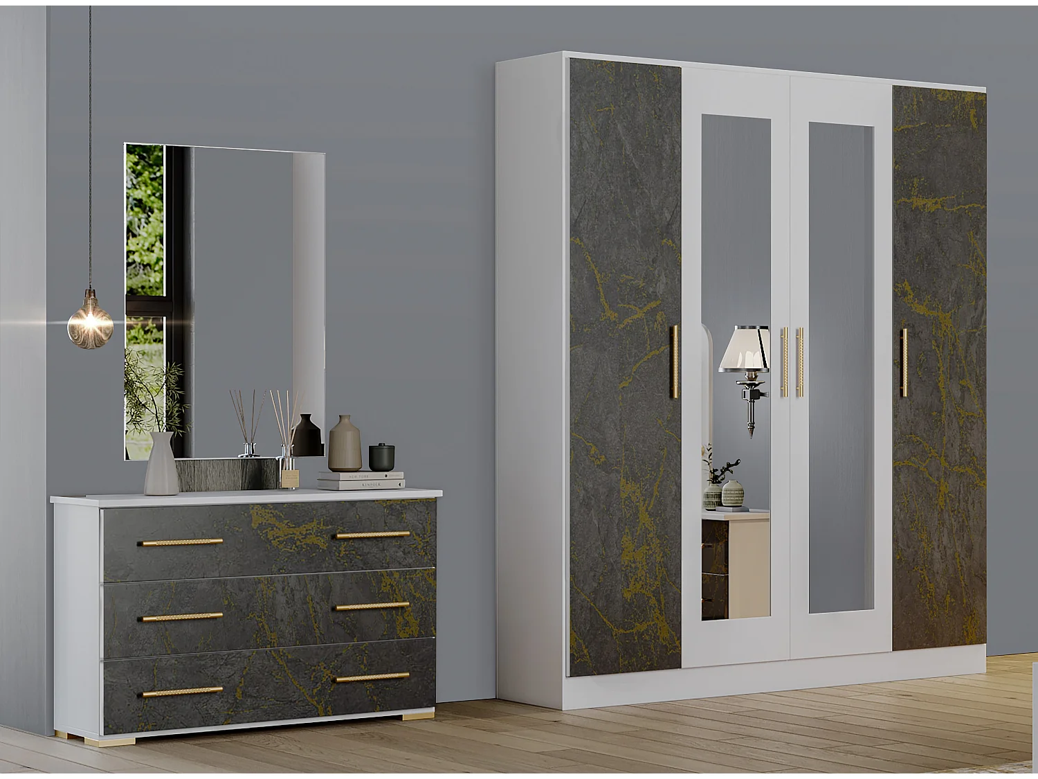 Armoire de chambre 4 portes battantes bois blanc et bois gris brillant marbré doré Dova 162cm