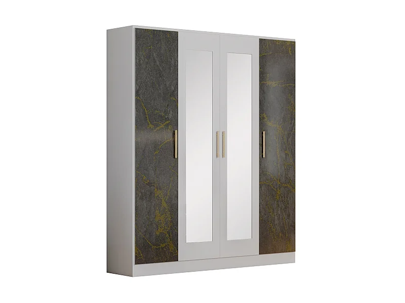 Armoire de chambre 4 portes battantes bois blanc et bois gris brillant marbré doré Dova 162cm