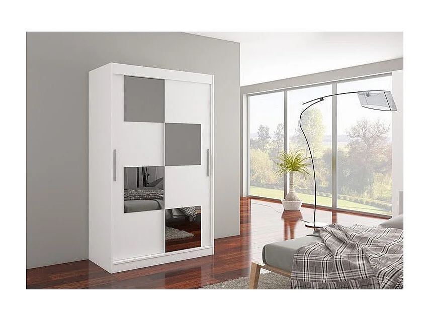 Petite armoire de chambre 2 portes coulissantes bois blanc et 4 miroirs Luko 120cm