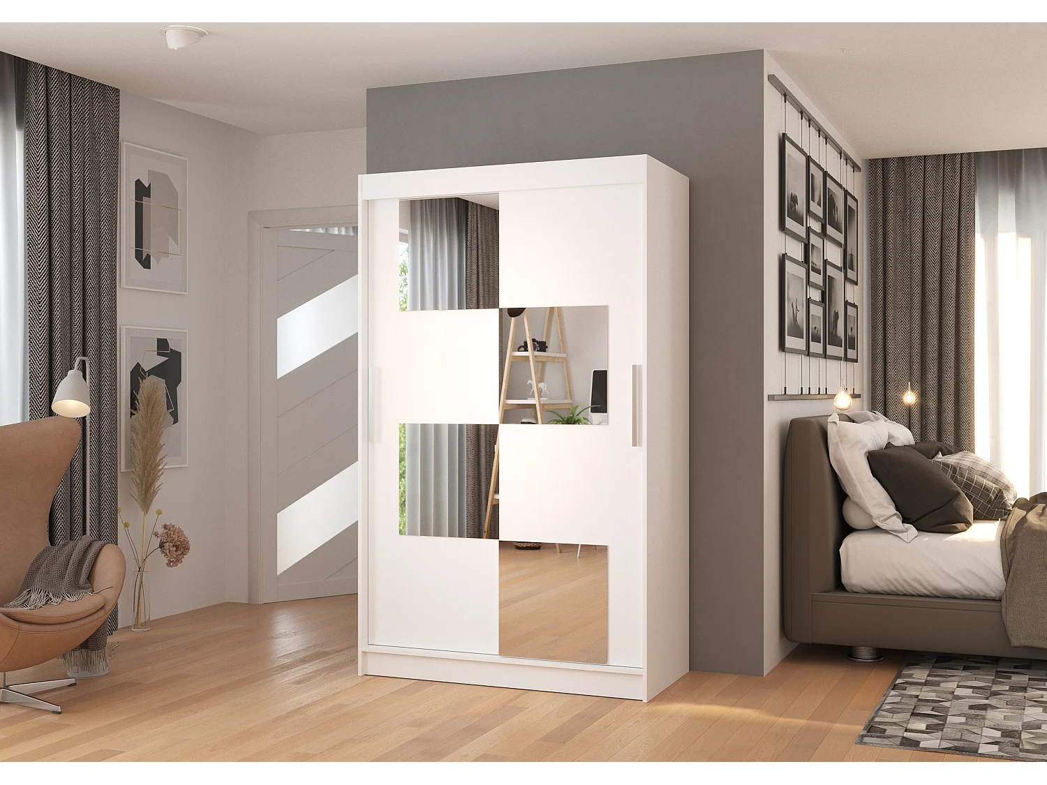 Petite armoire de chambre 2 portes coulissantes bois blanc et 4 miroirs Luko 120cm