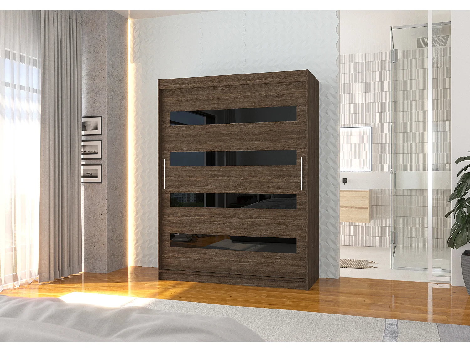 Armoire de chambre à coucher marron 2 portes coulissantes marron mat et noir laqué Zanko 150cm