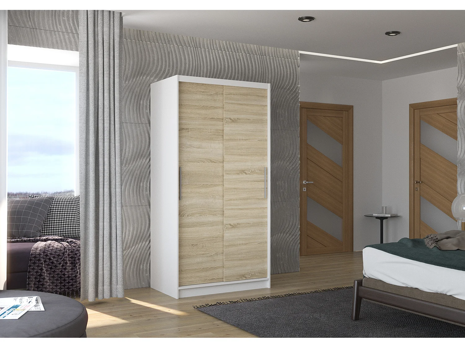 Petite armoire de chambre à coucher blanche 2 portes coulissantes bois clair artisan Kilane 100cm