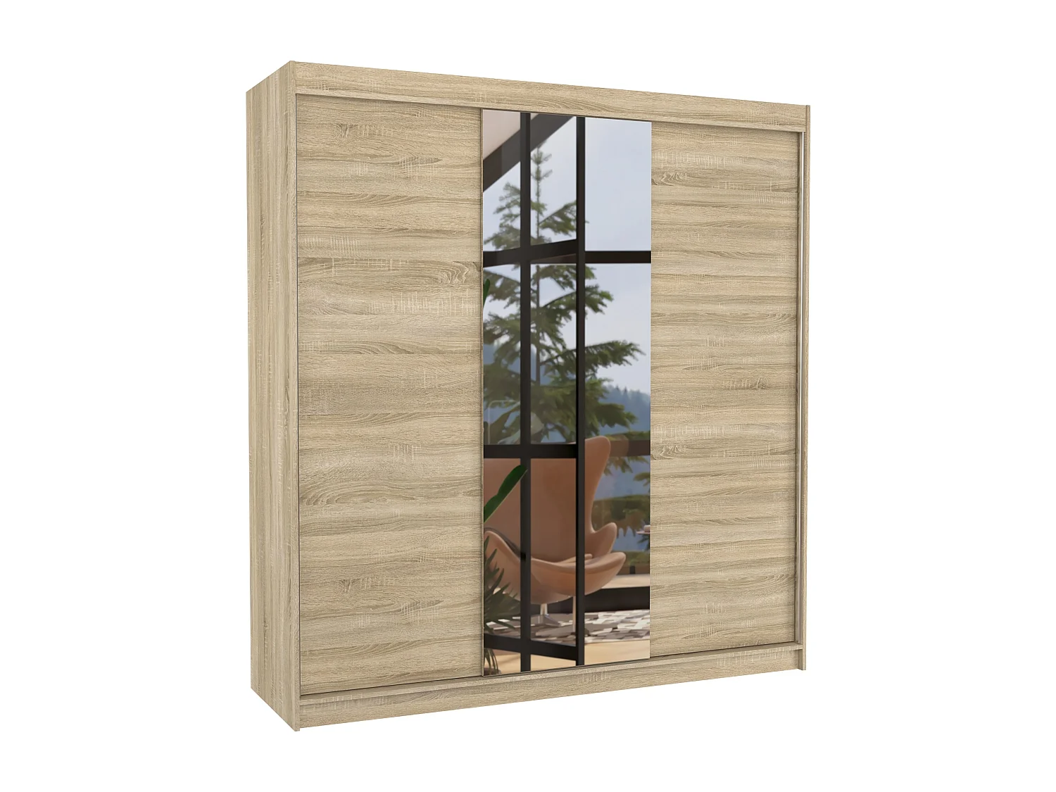 Armoire chambre adulte 2 portes coulissantes bois clair et miroir Zafa 200cm