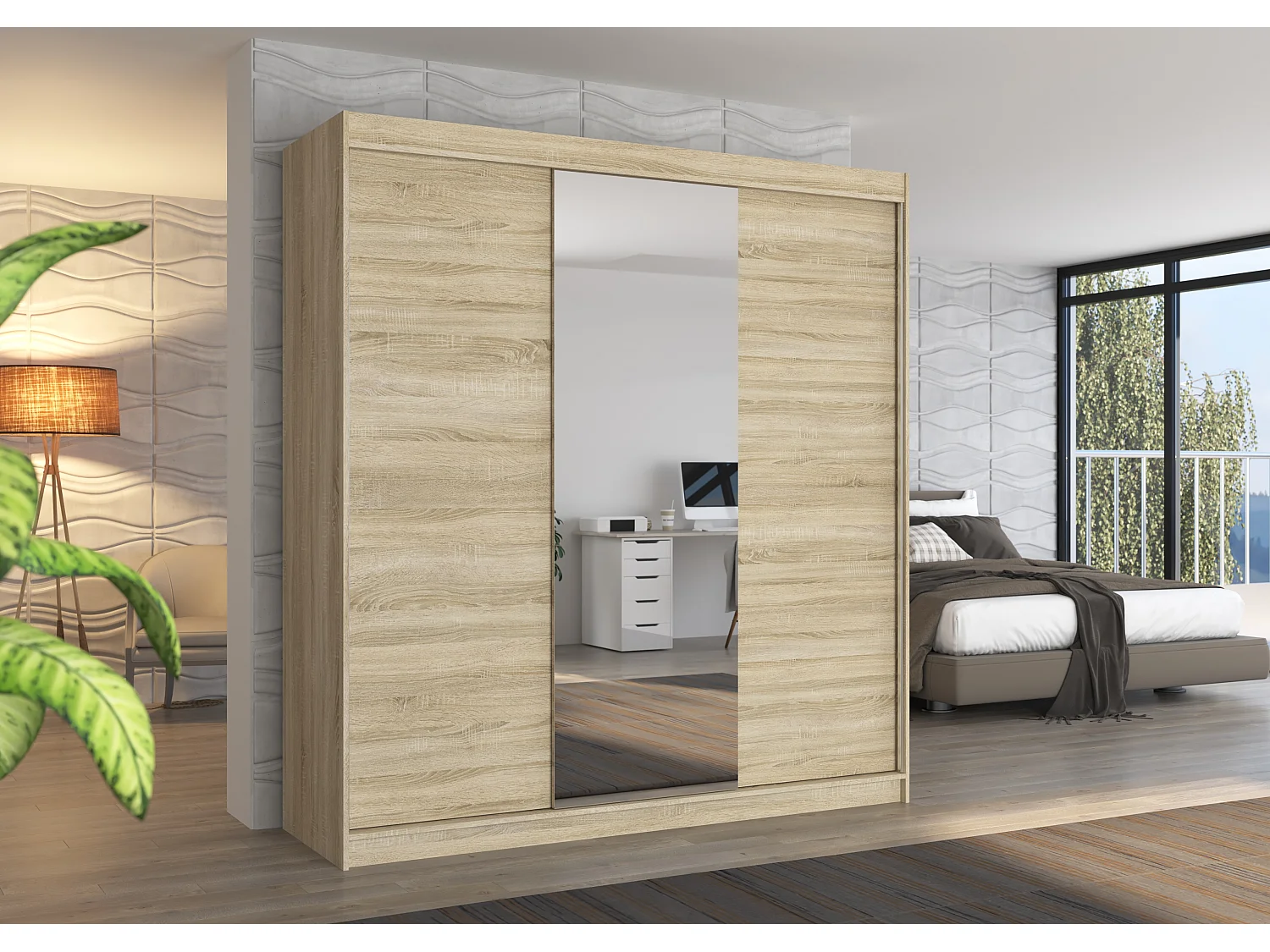 Armoire chambre adulte 2 portes coulissantes bois clair et miroir Zafa 200cm