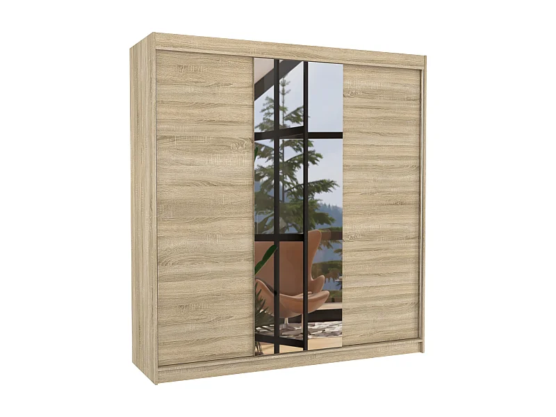 Armoire chambre adulte 2 portes coulissantes bois clair et miroir Zafa 200cm