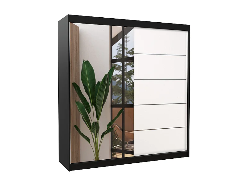 Armoire chambre adulte 2 portes coulissantes noir et blanc avec miroir Olivia 200cm