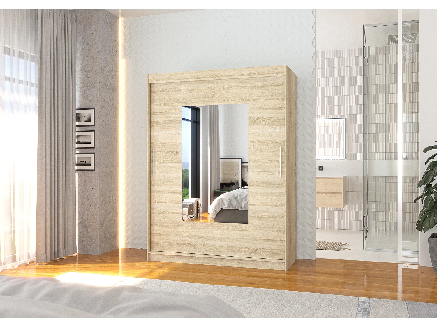 Armoire de chambre 2 portes coulissantes naturel et miroir Dova 150cm