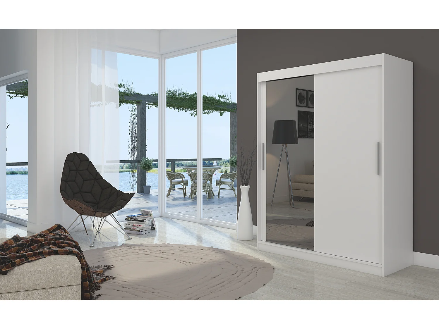 Armoire de chambre 2 portes coulissantes 1 blanche 1 miroir Bianky 150cm