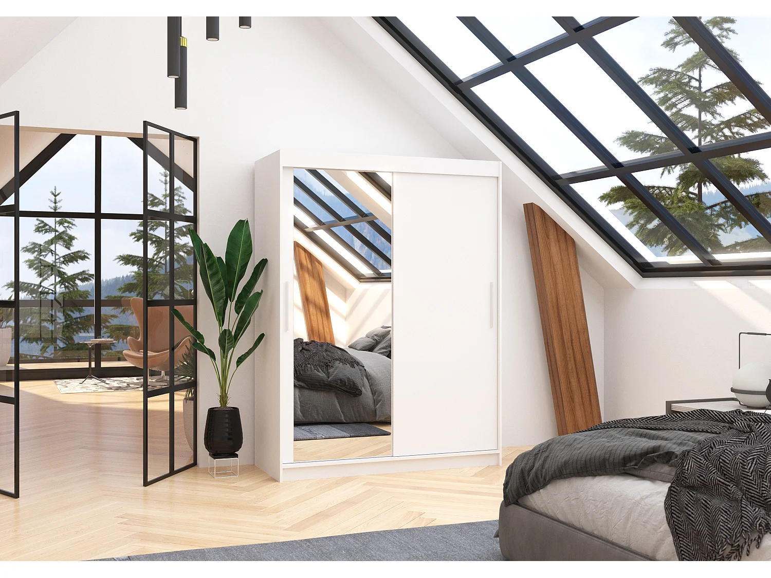 Armoire de chambre 2 portes coulissantes 1 blanche 1 miroir Bianky 150cm