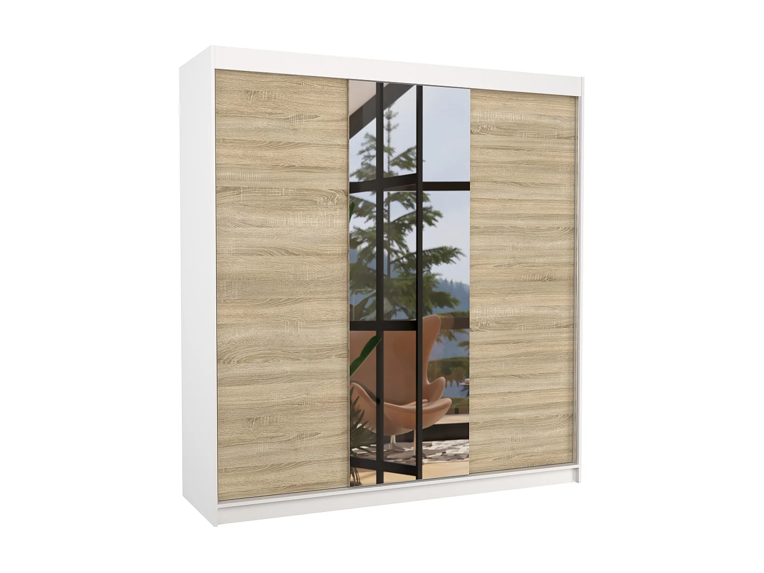 Armoire chambre adulte 2 portes coulissantes bois blanc et naturel avec miroir Zafa 200cm