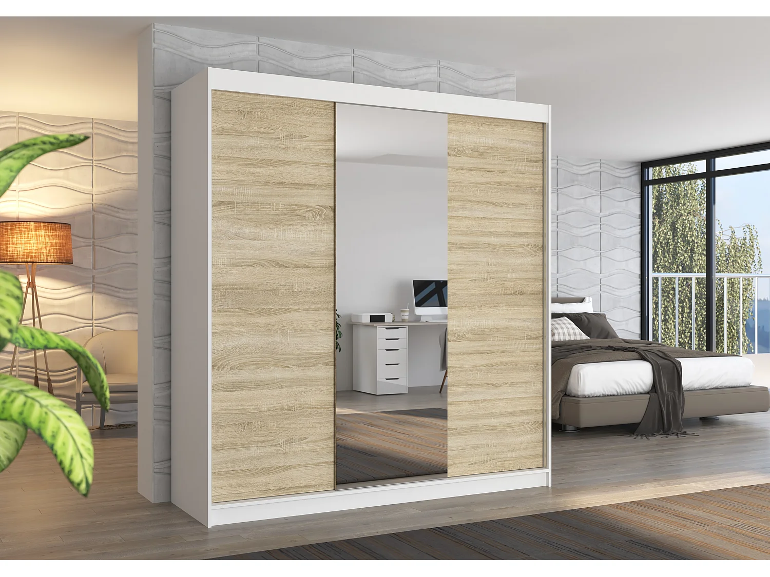 Armoire chambre adulte 2 portes coulissantes bois blanc et naturel avec miroir Zafa 200cm