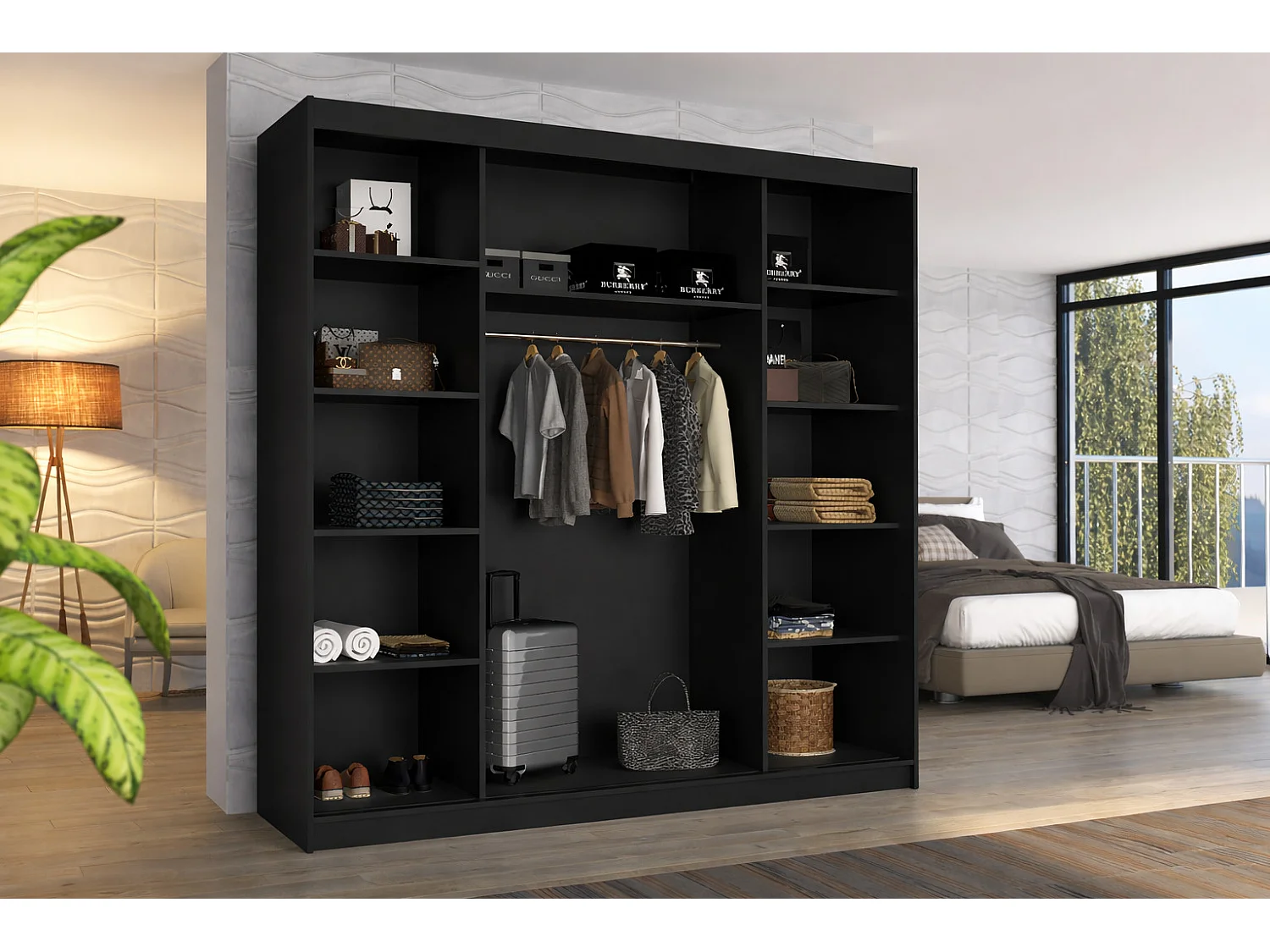 Armoire chambre adulte 2 portes coulissantes bois et miroir ZAFA 200cm-Blanc/Naturel