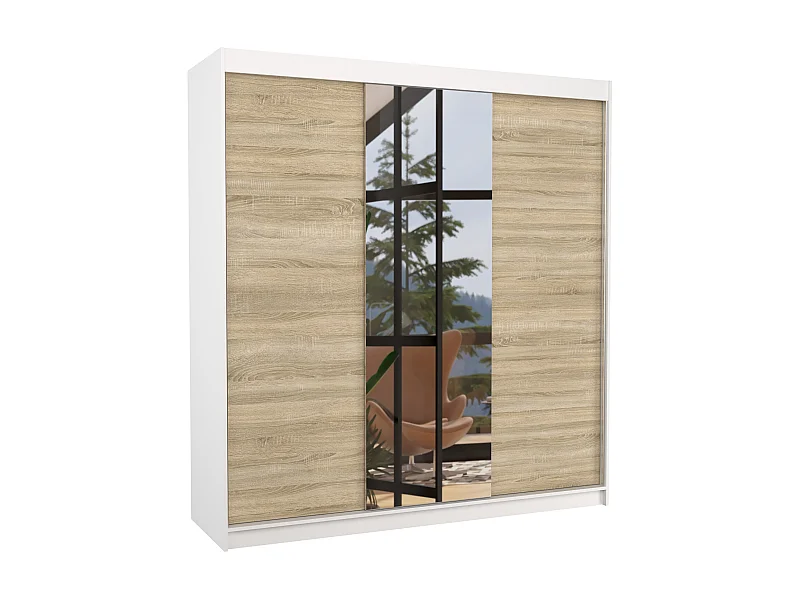 Armoire chambre adulte 2 portes coulissantes bois blanc et naturel avec miroir Zafa 200cm