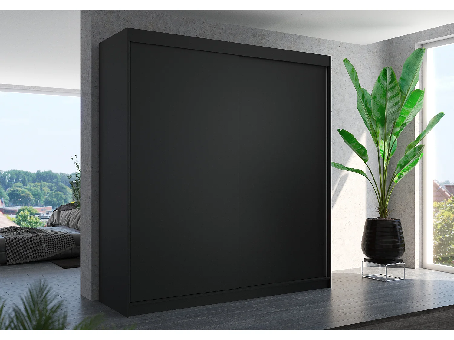 Armoire chambre adulte noir 2 portes coulissantes Terika 200cm