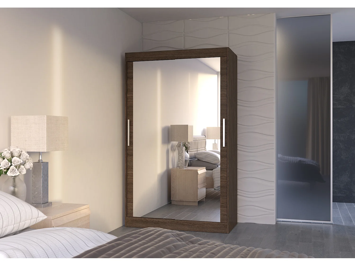 Petite armoire moderne de chambre à coucher marron avec 2 portes coulissantes miroir Ibizo 120cm