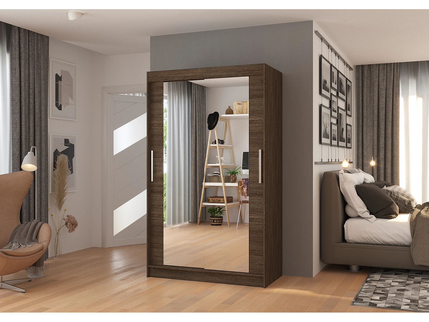 Petite armoire moderne de chambre à coucher marron avec 2 portes coulissantes miroir Ibizo 120cm