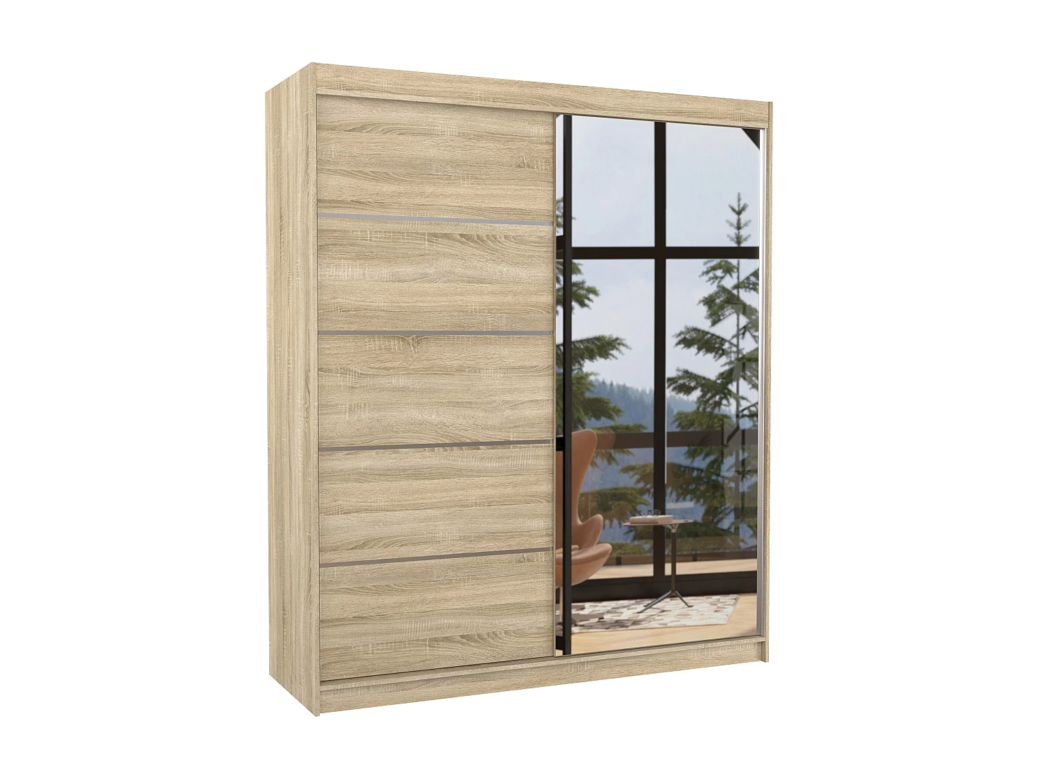 Armoire de chambre design bois clair 2 portes coulissantes bois clair et alu avec miroir Karena 180cm