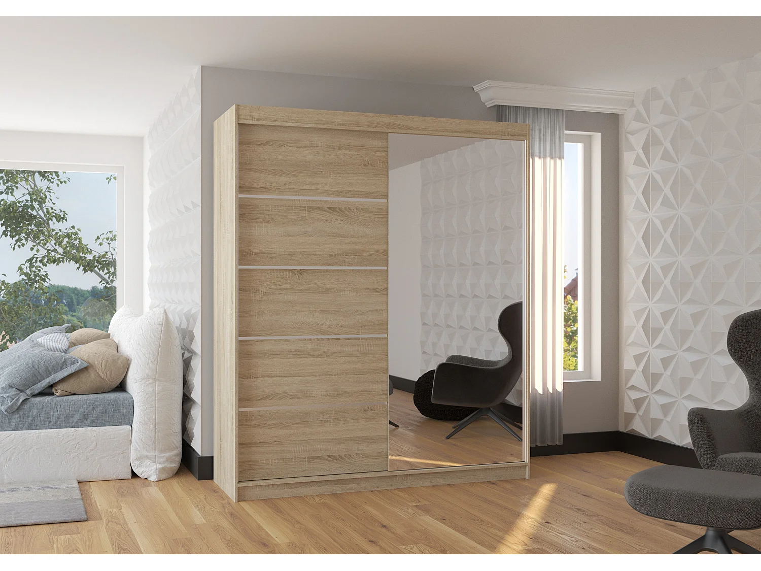 Armoire de chambre design bois clair 2 portes coulissantes bois clair et alu avec miroir Karena 180cm