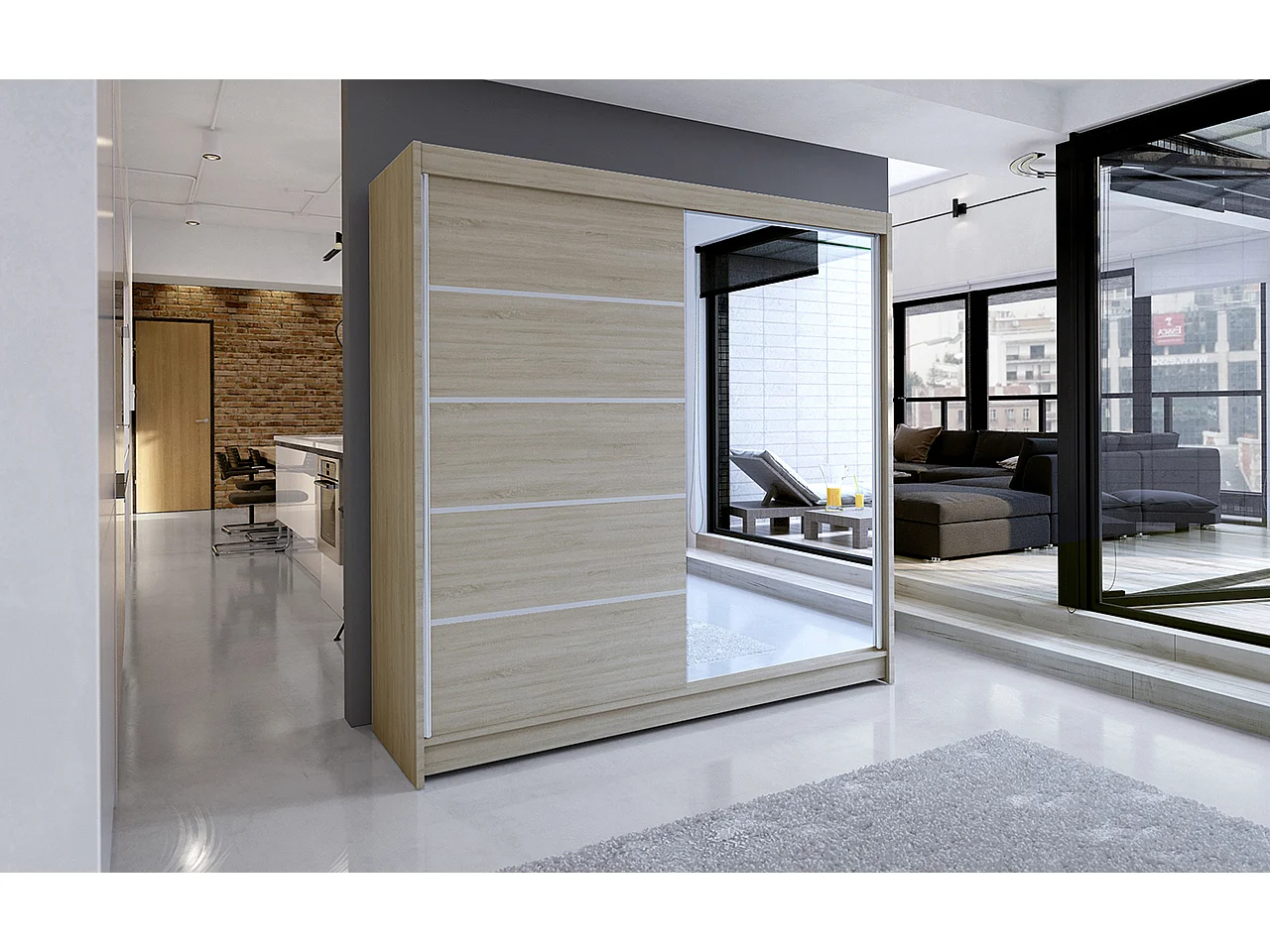 Armoire de chambre design bois clair 2 portes coulissantes bois clair et alu avec miroir Karena 180cm