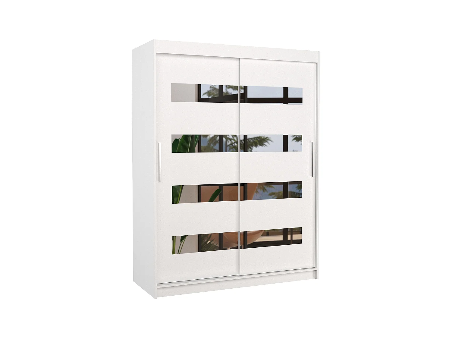 Armoire de chambre blanche 2 portes coulissantes blanc et miroirs horizontaux Bozika 150cm