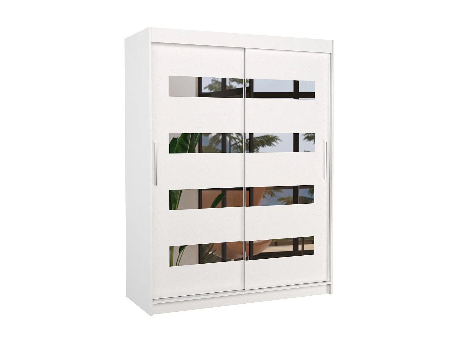 Armoire de chambre blanche 2 portes coulissantes blanc et miroirs horizontaux Bozika 150cm