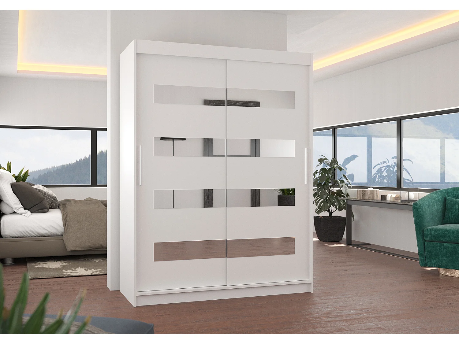 Armoire de chambre blanche 2 portes coulissantes blanc et miroirs horizontaux Bozika 150cm