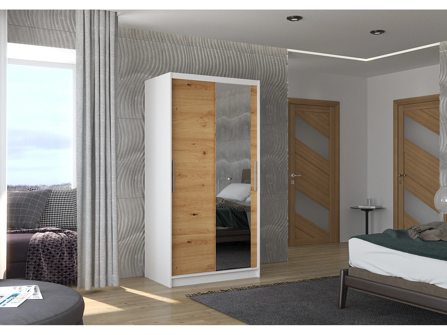 Petite armoire de chambre BAZO 2 portes coulissantes bois et miroir-Blanc/Bois artisan-Largeur 100 cm
