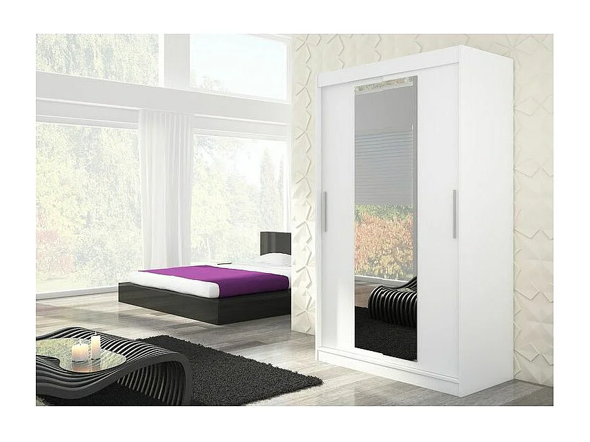 Armoire de chambre 2 portes coulissantes bois blanc et miroir Linoa 150cm