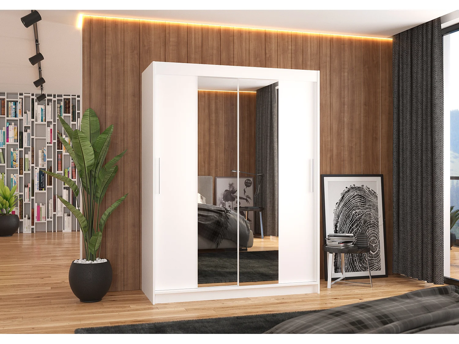 Slaapkamerkast met 2 schuifdeuren in wit hout en spiegel Linoa 150 cm