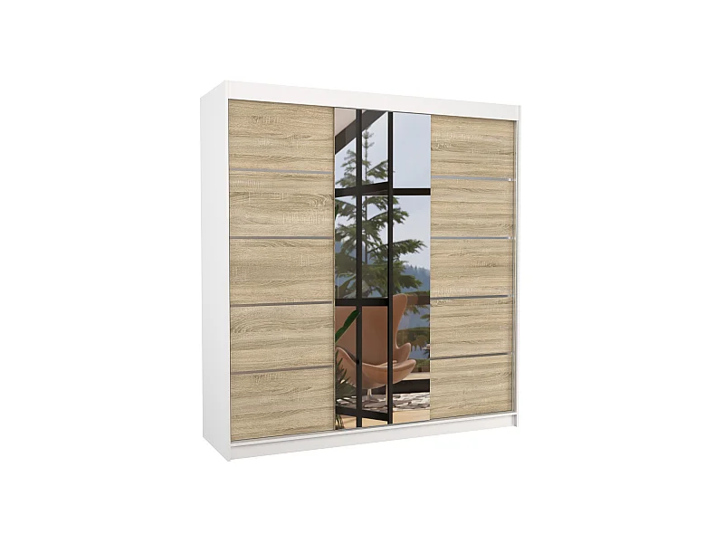 Kledingkast voor volwassenen, 2 schuifdeuren in wit en licht hout met Baker-spiegel, 200 cm